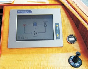 Next to a depth gauge, the computer’s touch-screen interface displays all of the boat’s systems. With the boat stopped, the display shows 200 kW directed to the batteries.