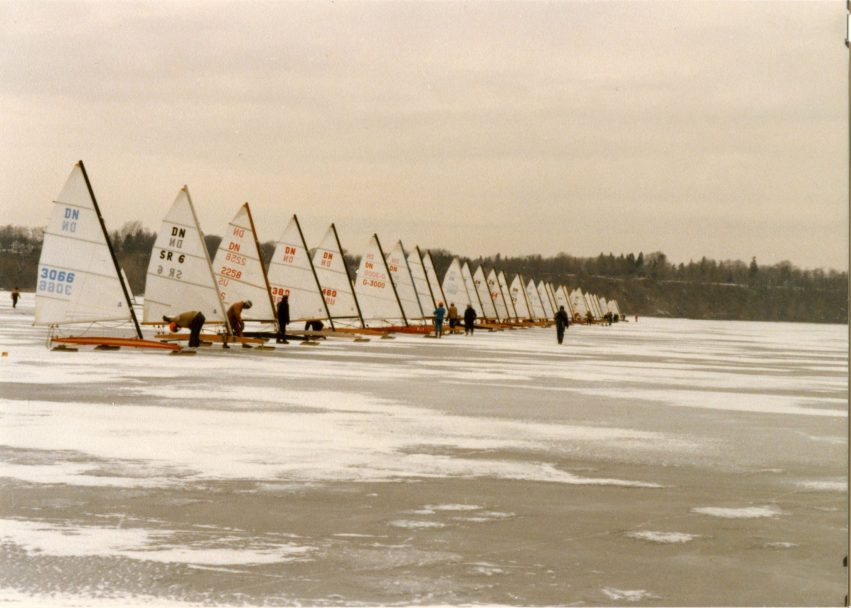 DN Iceboats were accessible pioneers of speed. Here are several ready to race on Hamilton Harbor in Ontario, Canada