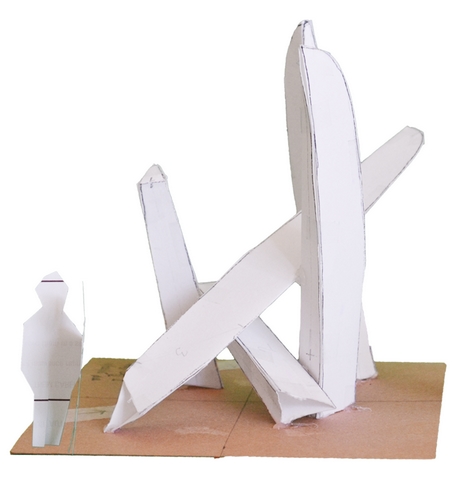 A paper model of a 17' tall sculpture to be made from four catamaran hulls by Larry Brown.