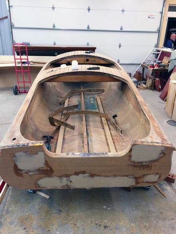 The Cadillac Runabout's transom faired before another layer of veneer is applied