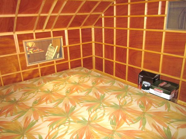 The finished interior of the trailer, looking out of the back window.