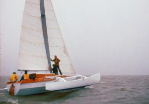 Jan Gougeon sailing aboard his trimaran, FLICKA