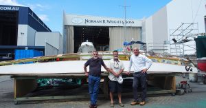 Bill Wright, Ian Wright and Tony Riek, Norman R Wright with the hull of Saltash (Left to Right).