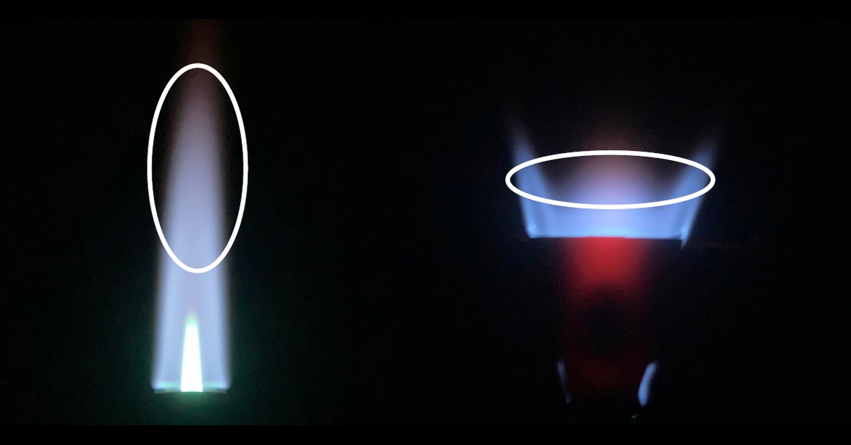 On the left is a typical propane torch flame. On the right is one with a flame spreader attachment. The highlighted sections indicated the optimal zone for flame treating plastics.